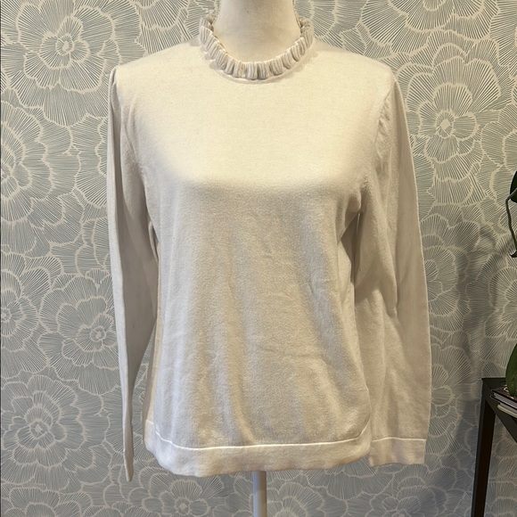 J. Crew Factory Cream Ruffle Neck Cotton Sweater - Sz L - Picture 1 of 16